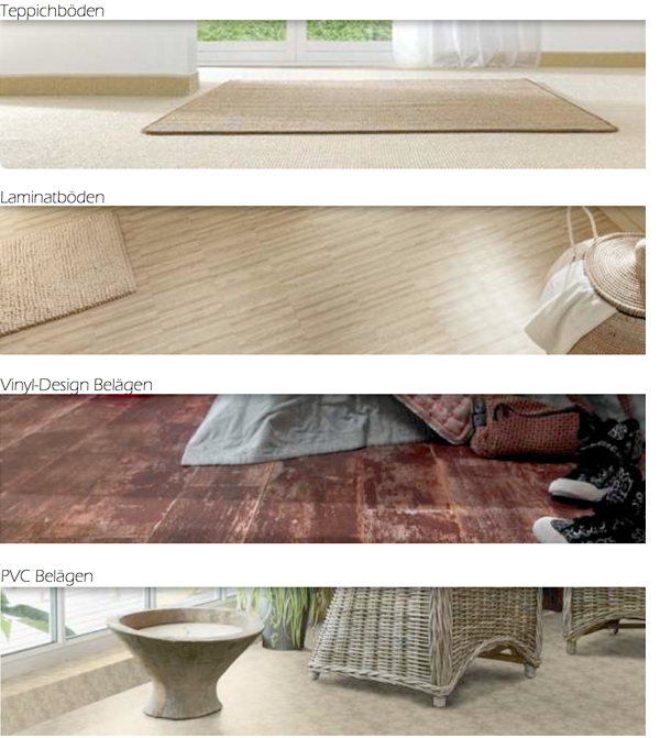 Teppichböden, Laminatböden, Vinyl-Design-Böden, PVC-Beläge